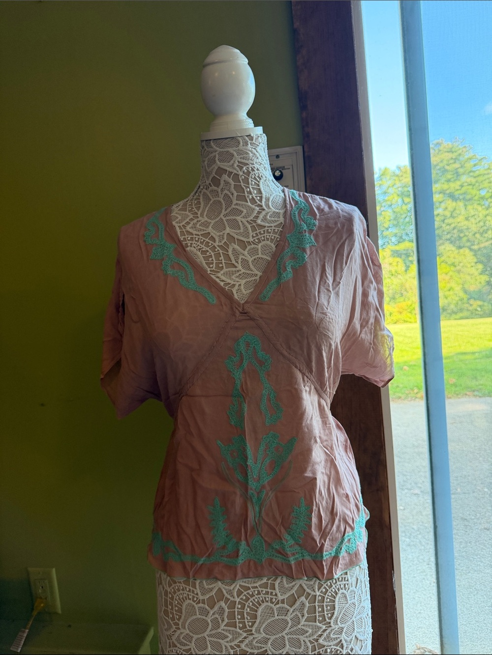 Poupette St. Barth Peach Short-Sleeve Tunic with Teal Embroidery